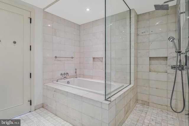 bathroom featuring a relaxing tiled tub, recessed lighting, tiled shower, and tile patterned flooring