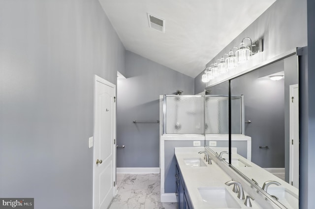 42827 Freedom St, Chantilly, VA 20152 - full bath with lofted ceiling, a stall shower, marble look tiles, double vanity, and baseboards