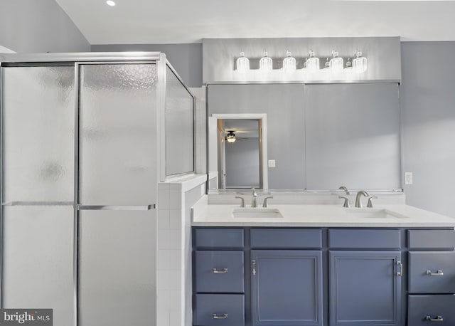 42827 Freedom St, Chantilly, VA 20152 - bathroom featuring a shower stall, double vanity, and ceiling fan