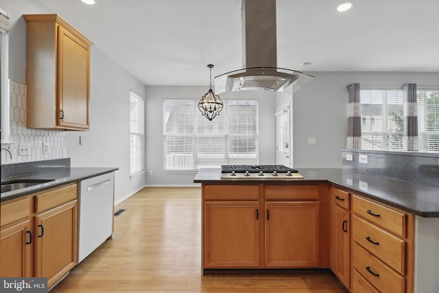 42827 Freedom St, Chantilly, VA 20152 - kitchen featuring island exhaust hood, dishwasher, healthy amount of natural light, light wood finished floors, and recessed lighting
