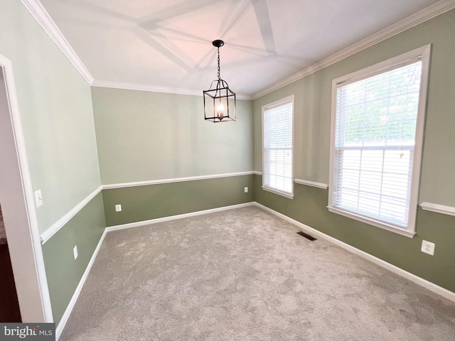 388 Wood Landing Rd, Fredericksburg, VA 22405 - carpeted empty room with visible vents, baseboards, crown molding, and a chandelier
