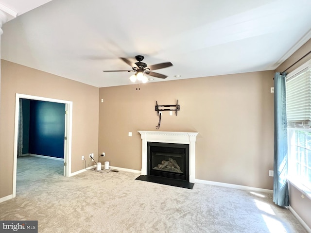 388 Wood Landing Rd, Fredericksburg, VA 22405 - unfurnished living room with a fireplace with flush hearth, carpet floors, ceiling fan, and baseboards