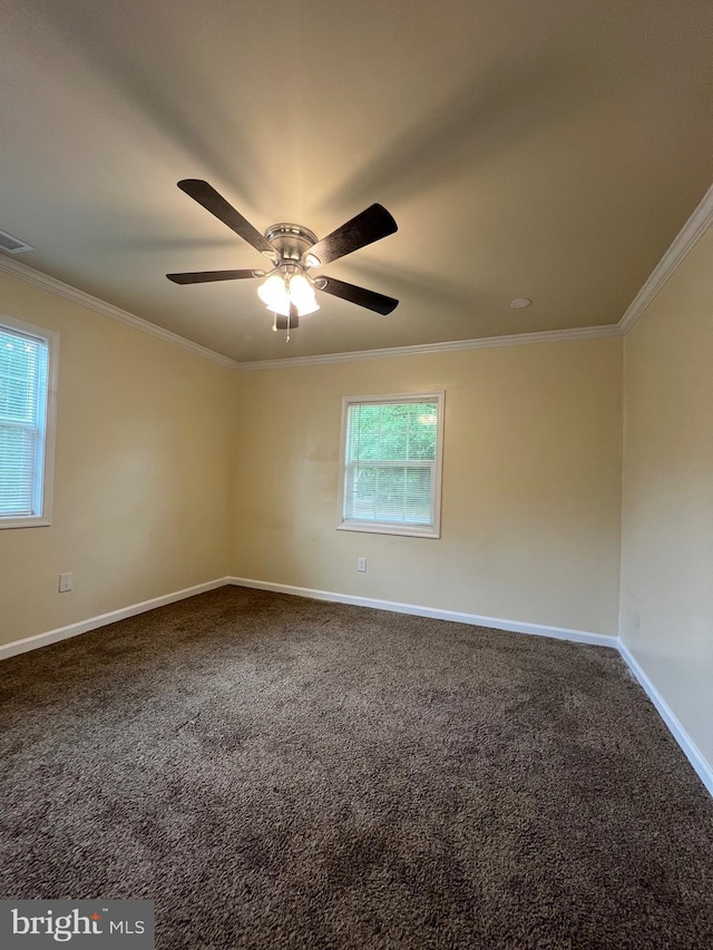 417 Bailey Ln, Salisbury, MD 21801 - empty room featuring ornamental molding, carpet, baseboards, and ceiling fan