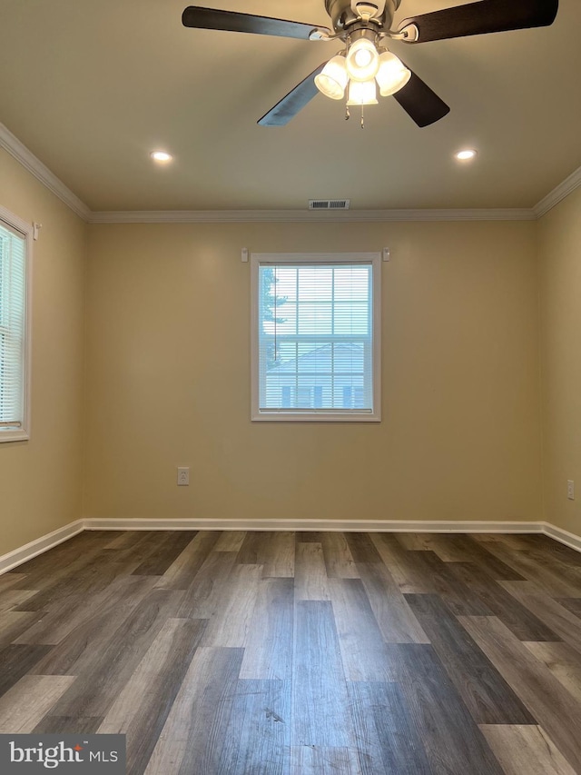 417 Bailey Ln, Salisbury, MD 21801 - spare room featuring dark wood-style floors, a ceiling fan, ornamental molding, recessed lighting, and baseboards