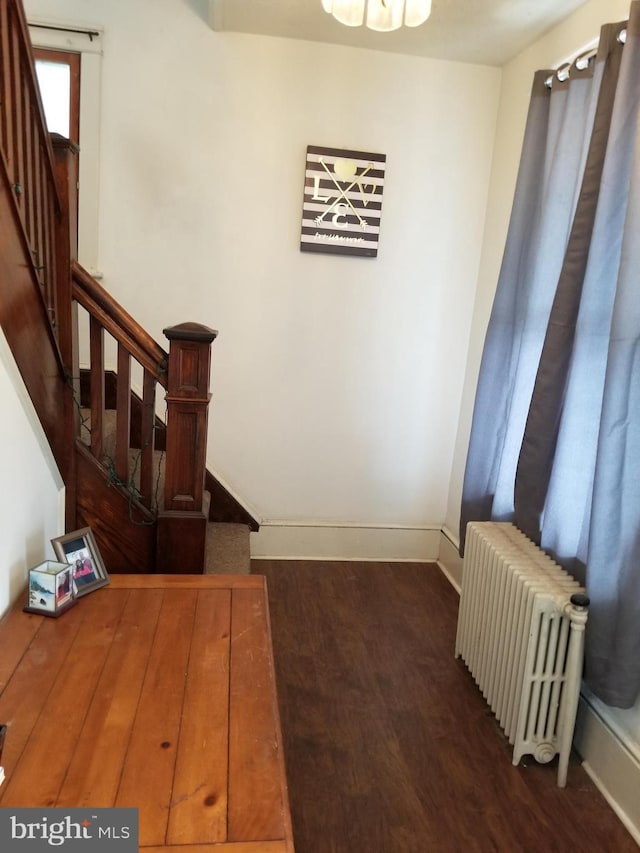 9 Queen St N, Shippensburg, PA 17257 - stairway with wood finished floors, baseboards, and radiator