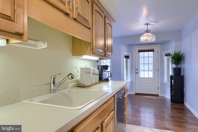 771 W Ridge Rd, Elizabethtown, PA 17022 - kitchen featuring a sink, dishwasher, light countertops, a chandelier, and dark wood-type flooring