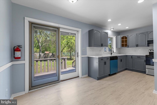 500 Klockner Rd, Hamilton, NJ 08619 - kitchen with stainless steel range with electric stovetop, a sink, gray cabinets, backsplash, and dishwasher