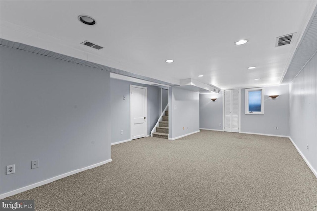 500 Klockner Rd, Hamilton, NJ 08619 - finished basement with carpet flooring, stairs, visible vents, and baseboards