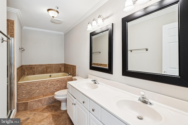 full bath with double vanity, a garden tub, ornamental molding, and a sink