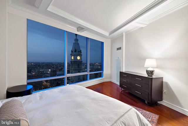 1414 S Penn Sq Unit 34B, Philadelphia, PA 19102 - bedroom featuring beam ceiling, wood finished floors, crown molding, and baseboards