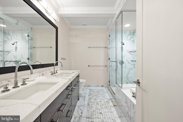 1414 S Penn Sq Unit 34B, Philadelphia, PA 19102 - bathroom with ornamental molding, a marble finish shower, marble finish floor, and a sink