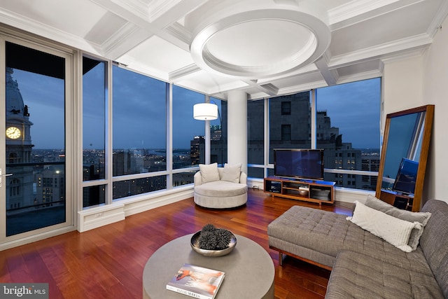 1414 S Penn Sq Unit 34B, Philadelphia, PA 19102 - living area with beam ceiling, wood finished floors, expansive windows, and coffered ceiling