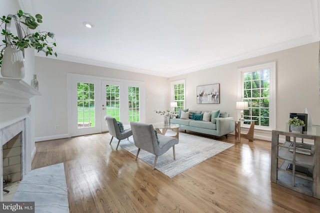 12600 Tolman Rd, Fairfax, VA 22033 - living area with healthy amount of natural light, light wood finished floors, a high end fireplace, baseboards, and ornamental molding