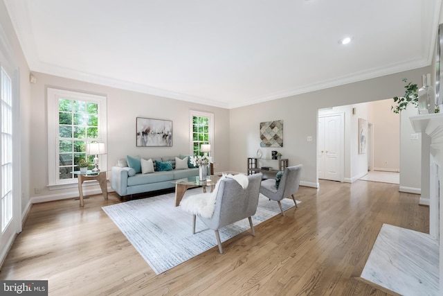 12600 Tolman Rd, Fairfax, VA 22033 - living room with ornamental molding, light wood-type flooring, baseboards, and a fireplace with flush hearth
