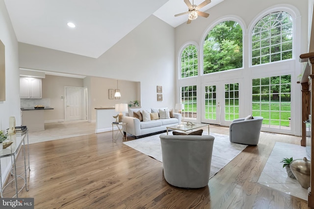 12600 Tolman Rd, Fairfax, VA 22033 - living area featuring high vaulted ceiling, a ceiling fan, plenty of natural light, light wood-type flooring, and baseboards