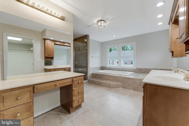 12600 Tolman Rd, Fairfax, VA 22033 - bathroom with vanity, a shower stall, tile patterned floors, a bath, and recessed lighting