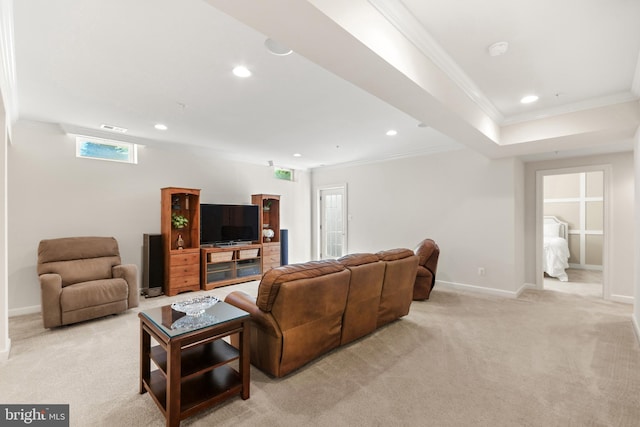 living area with baseboards, ornamental molding, recessed lighting, and light colored carpet