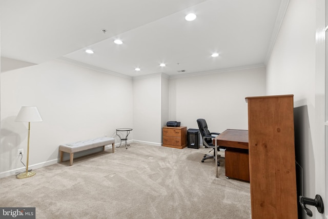 carpeted office space with crown molding, recessed lighting, and baseboards