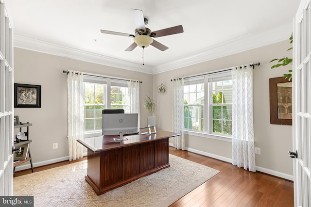 office with crown molding, baseboards, wood-type flooring, and a ceiling fan