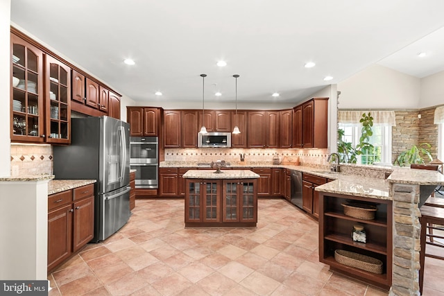 kitchen featuring open shelves, stainless steel appliances, a peninsula, decorative backsplash, and glass insert cabinets