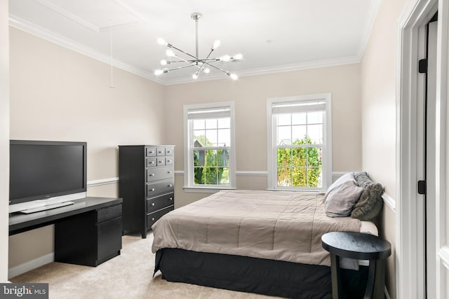 bedroom with light colored carpet, attic access, an inviting chandelier, and ornamental molding