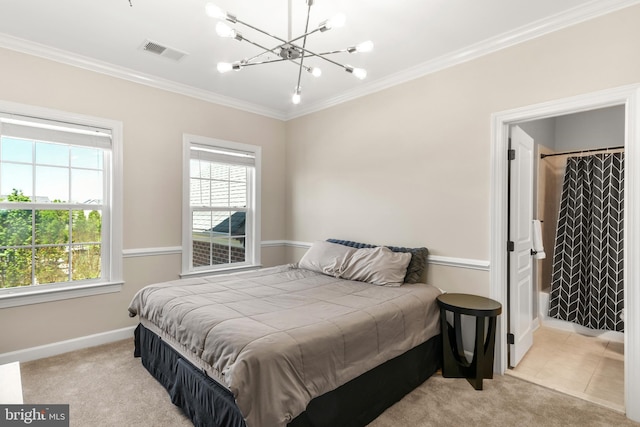bedroom with carpet flooring, a chandelier, baseboards, visible vents, and ornamental molding
