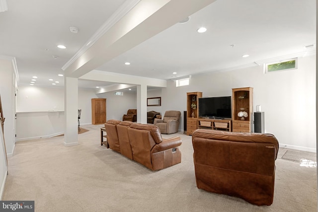 living room featuring light colored carpet, ornamental molding, baseboards, and recessed lighting