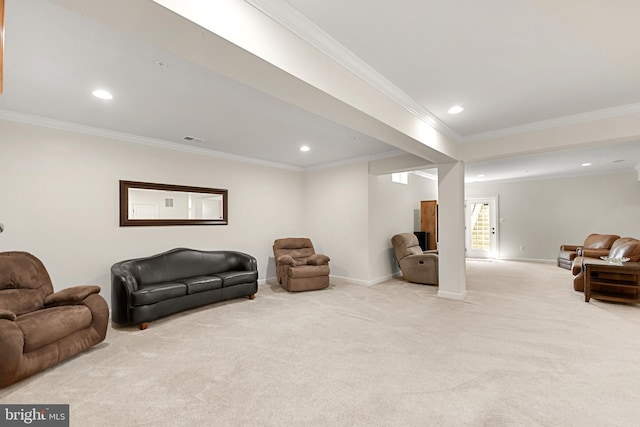 sitting room with visible vents, ornamental molding, baseboards, recessed lighting, and carpet