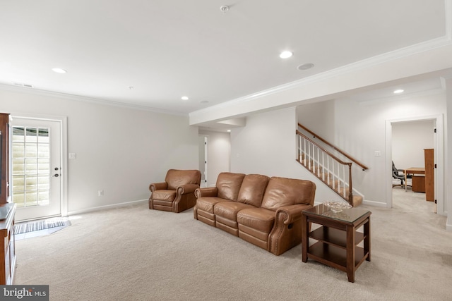 living room with recessed lighting, light carpet, and stairway