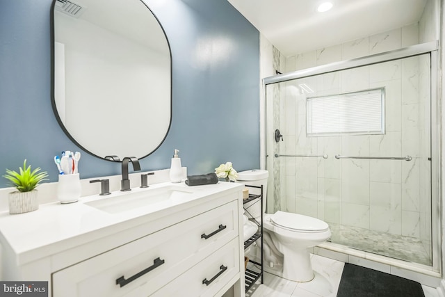 32 Meadowlark Ln, Willingboro, NJ 08046 - bathroom with visible vents, a stall shower, vanity, toilet, and marble finish floor
