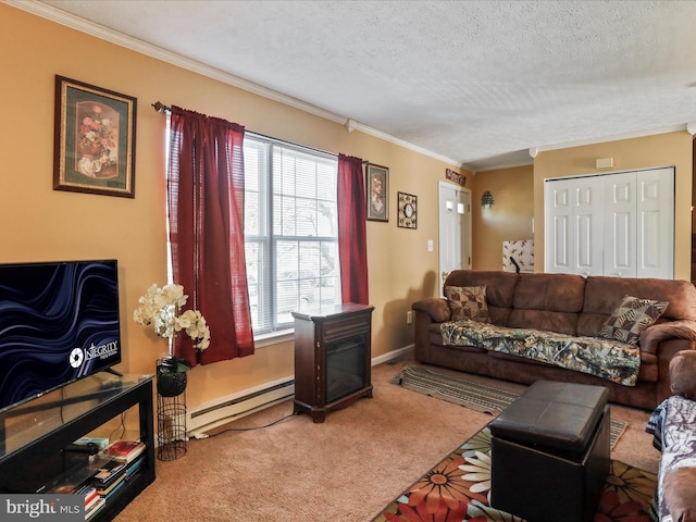 carpeted living area with a textured ceiling, a fireplace, baseboards, a baseboard heating unit, and ornamental molding