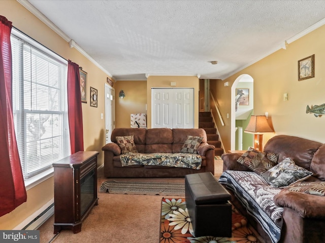 carpeted living room featuring crown molding, arched walkways, a textured ceiling, and a baseboard radiator