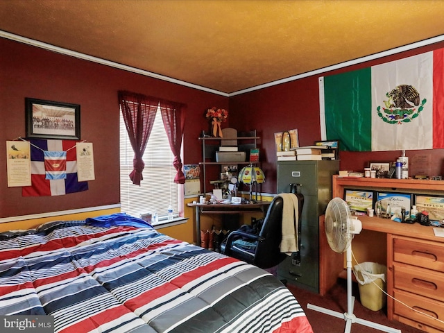 bedroom featuring carpet floors and ornamental molding