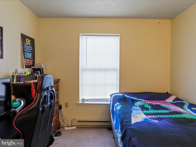 bedroom featuring a baseboard radiator, carpet, and multiple windows