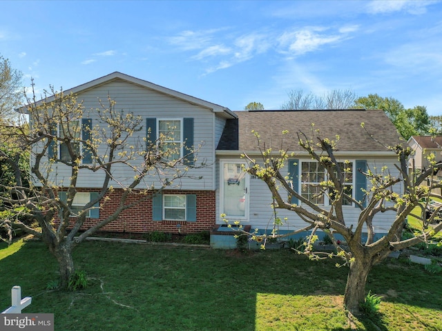 view of front facade with roof with shingles, a front lawn, and brick siding