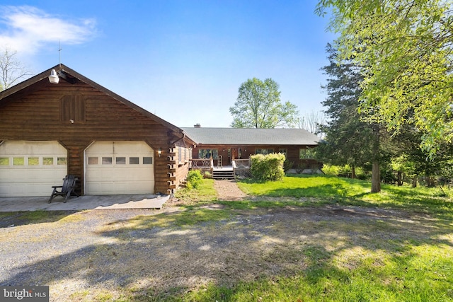 365 Stoney Bottom Rd, Front Royal, VA 22630 - log-style house with a garage, log siding, and gravel driveway