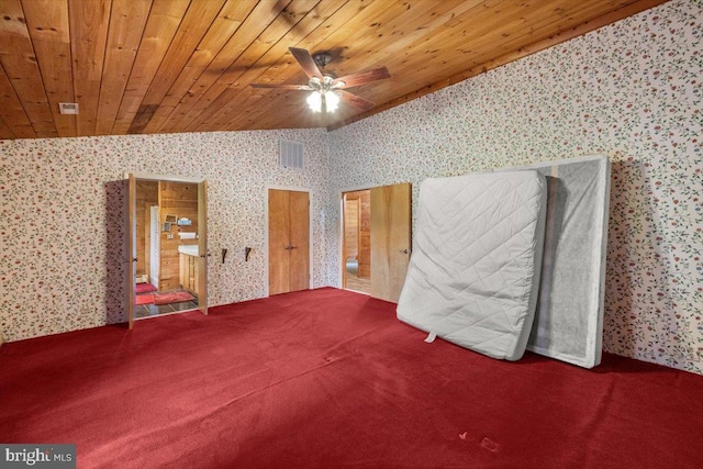 365 Stoney Bottom Rd, Front Royal, VA 22630 - unfurnished bedroom featuring wallpapered walls, carpet flooring, wooden ceiling, and ceiling fan