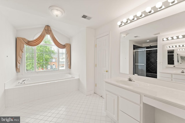 42935 Palliser Ct, Leesburg, VA 20176 - bathroom featuring vanity, tile patterned floors, a stall shower, visible vents, and a garden tub