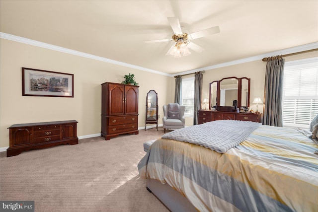 bedroom featuring light colored carpet, ceiling fan, ornamental molding, and baseboards