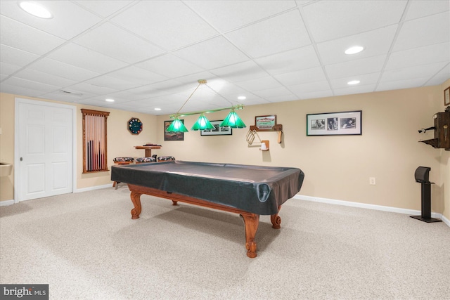 rec room with recessed lighting, billiards, carpet flooring, baseboards, and a paneled ceiling
