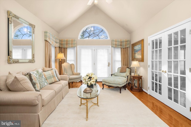 living area with a ceiling fan, high vaulted ceiling, wood finished floors, and plenty of natural light
