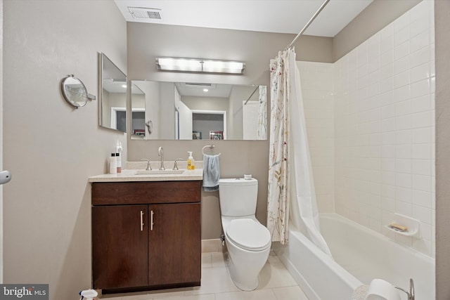 full bath featuring tile patterned floors, shower / bath combination with curtain, toilet, and vanity