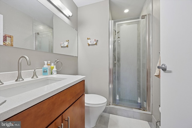 full bath featuring a shower stall, tile patterned floors, toilet, vanity, and recessed lighting