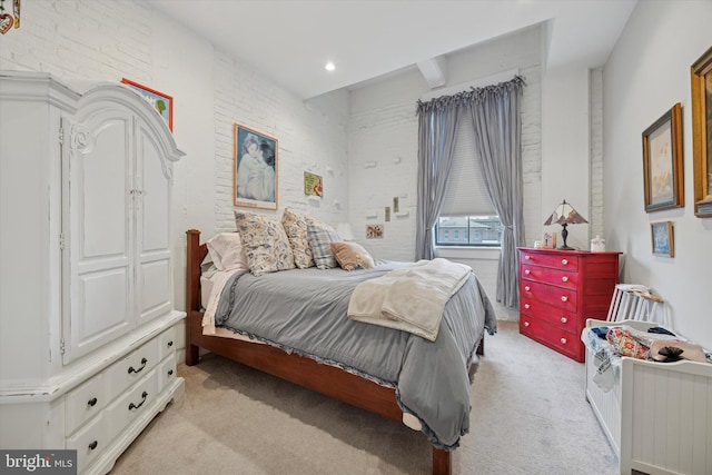 bedroom featuring light colored carpet and recessed lighting