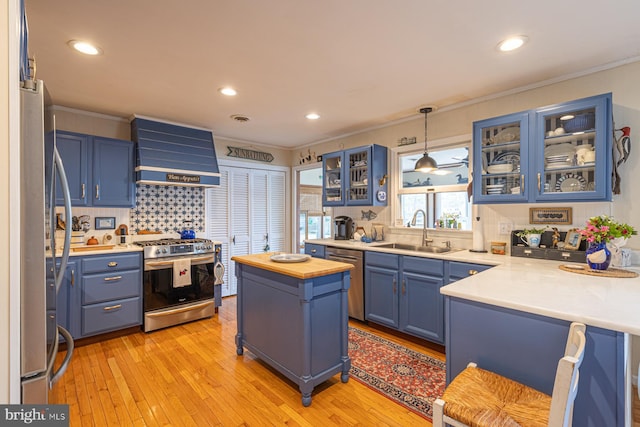 2231 Whays Creek Rd, Reedville, VA 22539 - kitchen featuring light wood finished floors, a sink, stainless steel appliances, blue cabinetry, and premium range hood