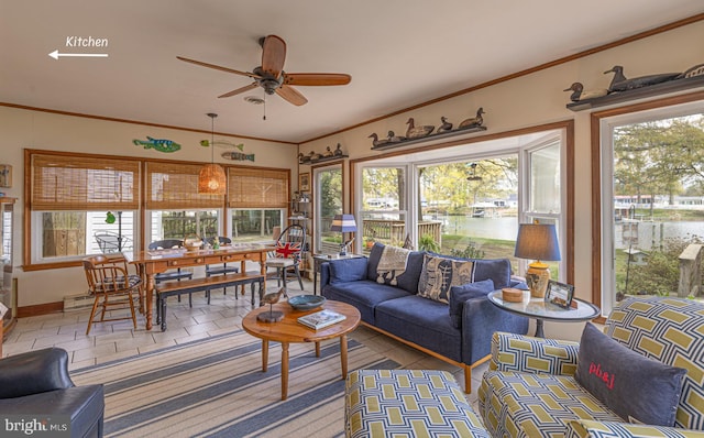2231 Whays Creek Rd, Reedville, VA 22539 - living room with crown molding, ceiling fan, a water view, and plenty of natural light