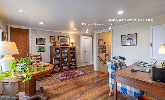 2231 Whays Creek Rd, Reedville, VA 22539 - office featuring recessed lighting, ornamental molding, wooden walls, and wood-type flooring