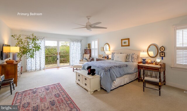2231 Whays Creek Rd, Reedville, VA 22539 - bedroom featuring ceiling fan, access to outside, and light colored carpet