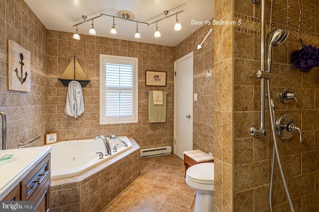 2231 Whays Creek Rd, Reedville, VA 22539 - bathroom with tile patterned flooring, a tile shower, a jetted tub, and a baseboard radiator