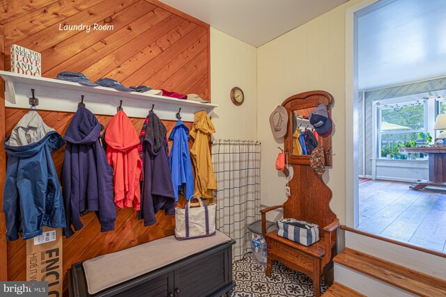 2231 Whays Creek Rd, Reedville, VA 22539 - mudroom with wood walls and wood finished floors